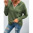 thumbnail image 2 of Women Hoodies Tops Long Sleeve Casual Drawstring Lace V Neck Solid Color Pullover Sweatshirts, 2 of 6
