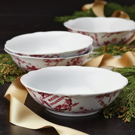 - BonJour Dinnerware Yuletide Garland 4-Piece Porcelain Stoneware Fluted Cereal Bowl Set, Print - 54274