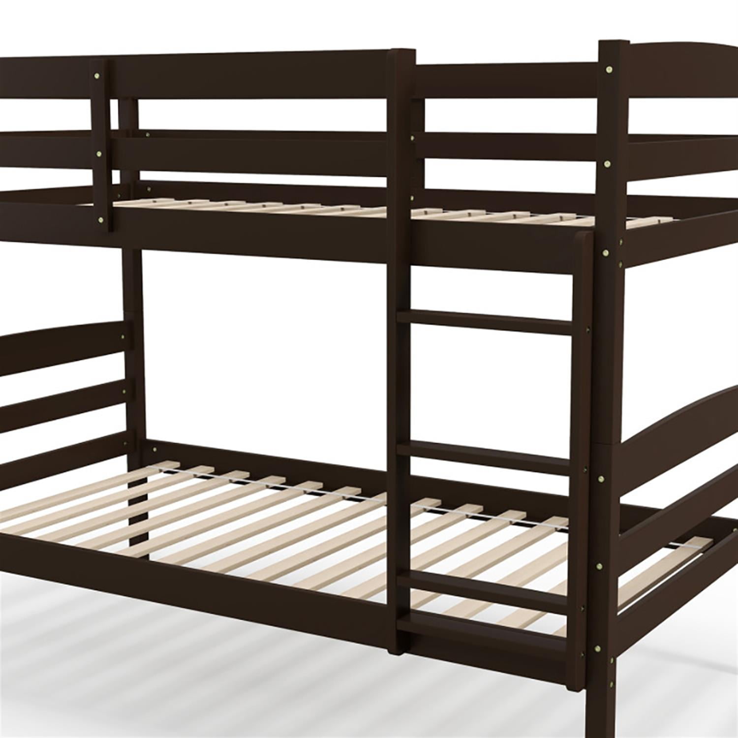 Demi Bonn Solid Wood Twin Over Twin Bunk Bed with High Guardrails and Integrated Ladder, Twin Bunk Beds, Bed Frame, Brown