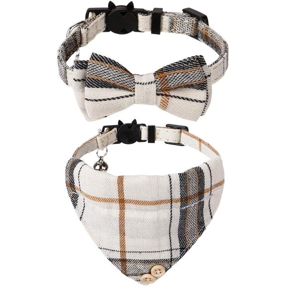 Sunyuer Cat/Kitten Collar Breakaway with Bells and Bowtie, 2 Packs Cute Bandana Cat Collars,Plaid Design with Safety Buckle Adjustable Size for Small Cats Boys or Girls,Beige