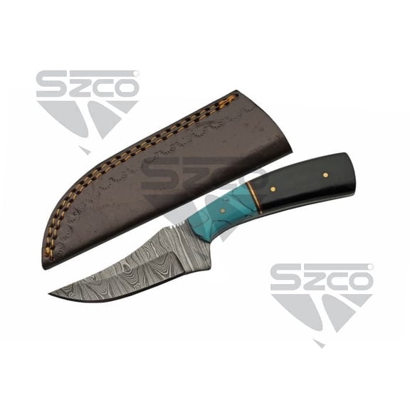 7" Turquoise Resin Trailing Point Knife with Damascus Blade, Buffalo Handle Accents & Leather Sheath