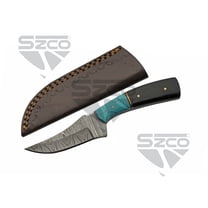7" Turquoise Resin Trailing Point Knife with Damascus Blade, Buffalo Handle Accents & Leather Sheath