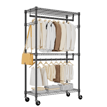 MZG 3 Tier Metal Garment Rack,15.7" D x 29.5" W x 74.5" H,Rolling Clothings Rack with 2 Rods, Heavy Duty Black Wire Shelf