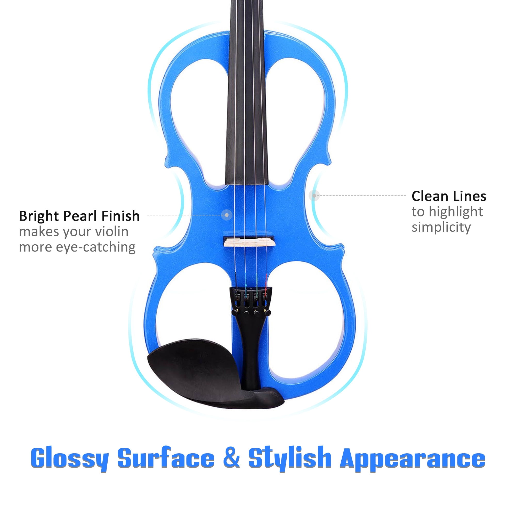 4/4 Electric Violin Full Size Wood Silent Fiddle Stringed Instrument Bow Headphone Case Blue