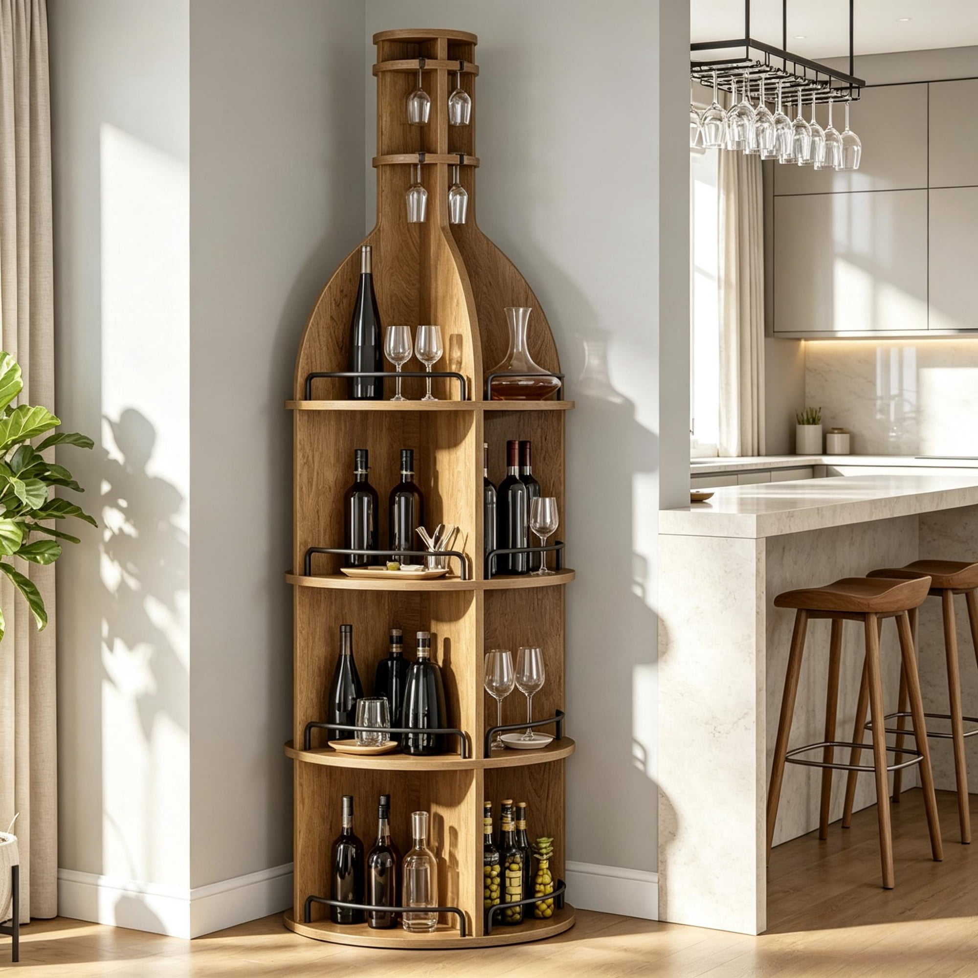 75 Inch Round Wine Cabinet with Shelves and Hanging Goblet Holder, Wine Rack (No Lights)