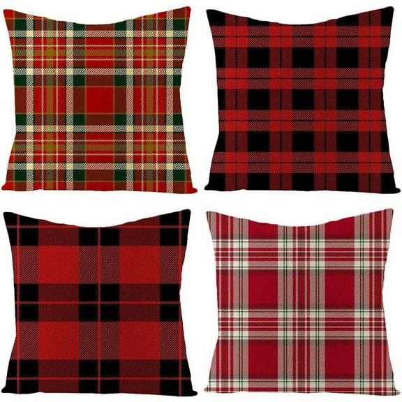 Red Plaid Throw Pillow Covers 18x18 Boho Pillow Cases Set of 4 Merry Christmas Xmas Decorations Square Zippered Cotton Linen Cushion Cover Room Sofa Home Decor