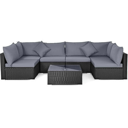 Costway 7 PCS Patio Rattan Sofa Set Sectional Conversation Furniture Set Garden Outdoor - Gray +Black