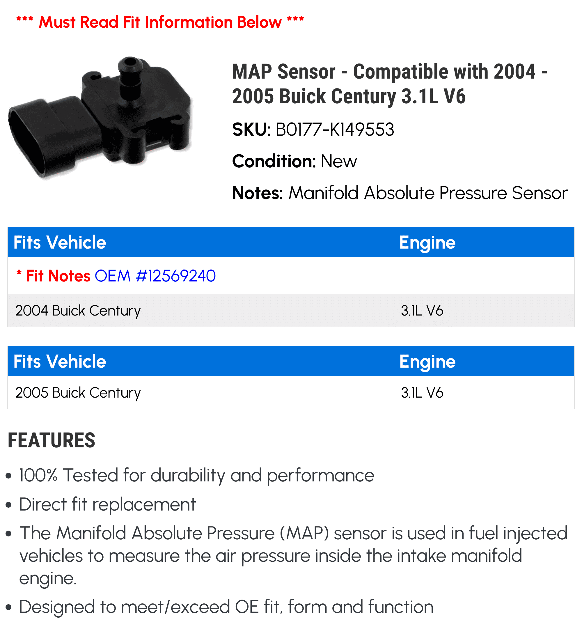 MAP Sensor - Compatible with 2004 - 2005 Buick Century 3.1L V6