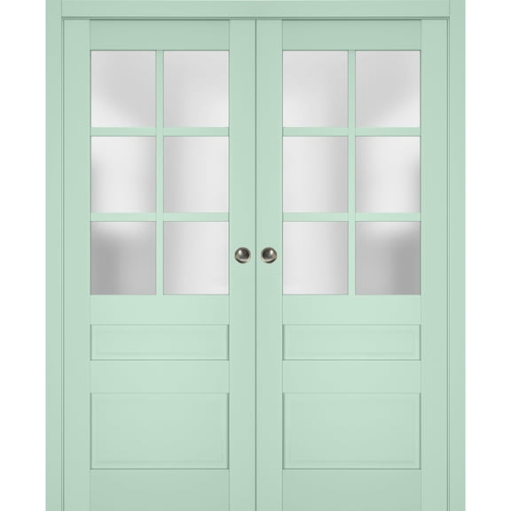 Sliding French Double Pocket Doors with Frosted Glass | Veregio 7339 Oliva | Kit Trims Rail Hardware | Solid Wood Interior Bedroom Sturdy Doors-36" x 84" (2* 18x84)