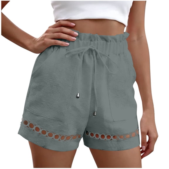 Hurxie Women's Casual Elastic Waist Lounge Shorts Comfy Stretch Lace Trim Summer Beach Linen Ruffle Shorts Gray,S