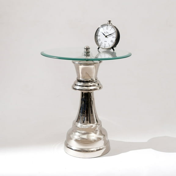 Decorative Nickel Finished Aluminum Queen Pedestal Accent Table with Glass Top – 18x18x21"| Unique Side Table