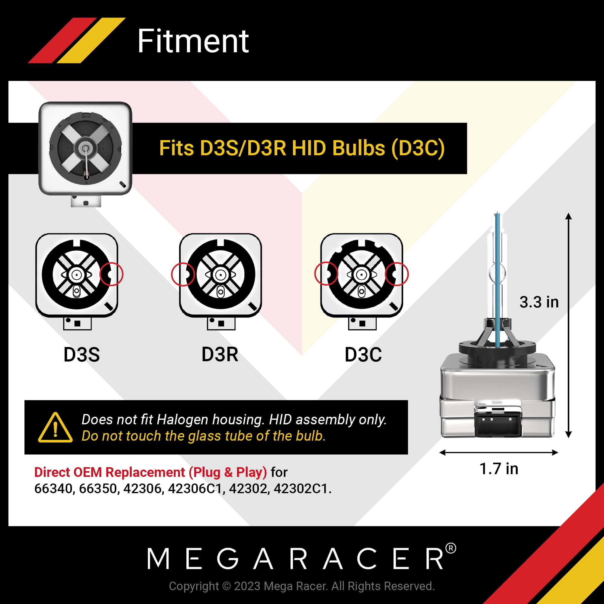 Mega Racer D3S/D3R HID Headlight Bulbs Xenon OEM Replacement - 6000K  Diamond White, 12V 35W 8000 Lumens, Pack of 2 