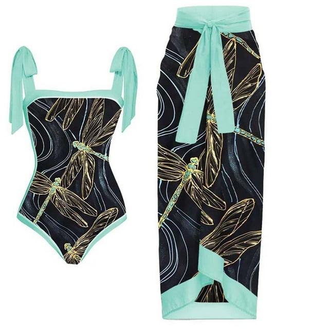 QIPOPIQ Plus Size One Piece Swimsuits for Women with Swim Skirt Cover Up Flower Tummy Control Swimsuit Bikini Lace Up Swimsuit Long Vacation Beach Chiffon Two-piece Set Summer Clearance