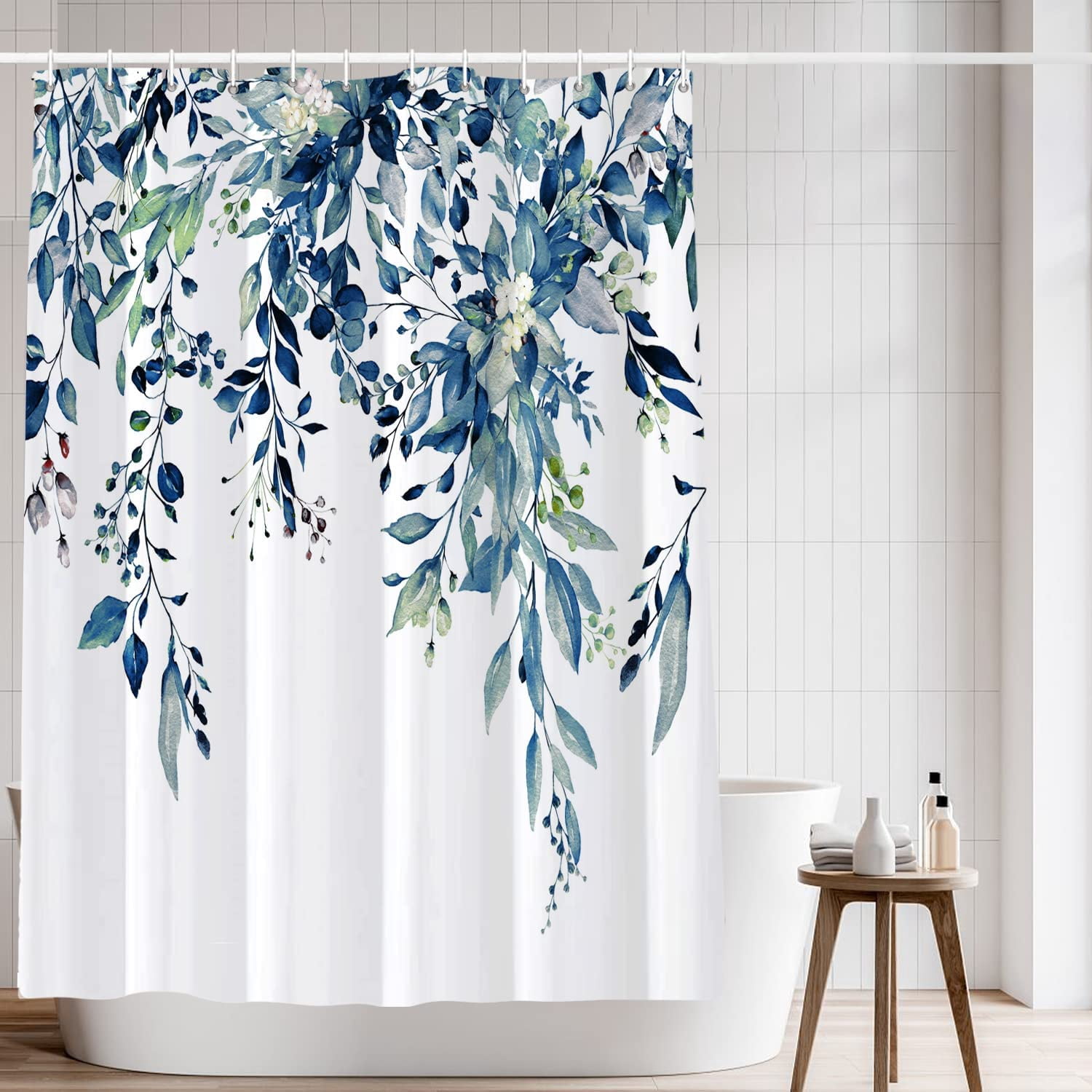 Extra Long Shower Curtains Blue Eucalyptus Shower Curtain, Watercolor Leaves on The Top Plant - Fabric Shower Curtain Set Natural Shower Curtain Bathroom Decor 72x84