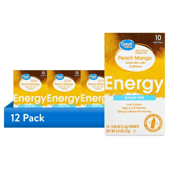 (12 pack) Great Value Energy Peach Mango Drink Mix Packets, Caffeinated, Sugar-Free, 10 Count