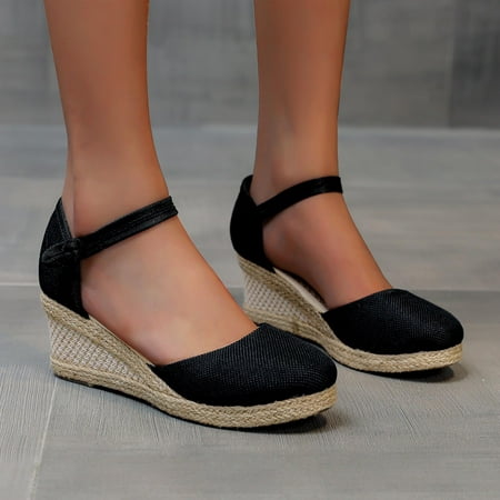 

kpoplk Sandals For Women Women Roman Hollow Out Flower Wedge Sandals Comfy Elastic Slingback Sandals(Black)