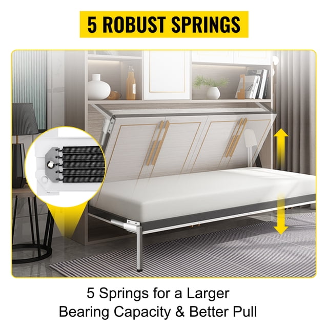 vevor murphy - mecanismo de resortes de pared para montaje de alta resistencia, kit de bricolaje para cama queen twin (horizontal), color blanco 3/4 frontal de cama Murphy horizontal blanca montada en pared con colchón desplegado y patas metálicas; inserto muestra cinco resortes montados en placa (235x145 mm) y eje giratorio. compatible con ancho de cama 0.9–1.2 m y capacidad de carga 250 kg; incluye bisagras, patas y tornillería, ideal para ahorrar espacio en dormitorios pequeños o lofts.
