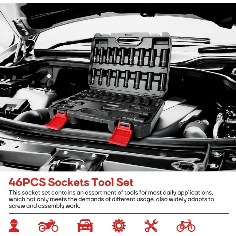 Eastvolt Mechanic Tool Kit, Drive Socket Set, 46 Pieces, with 72 Teeth Reversible Ratchet, Metric/SAE