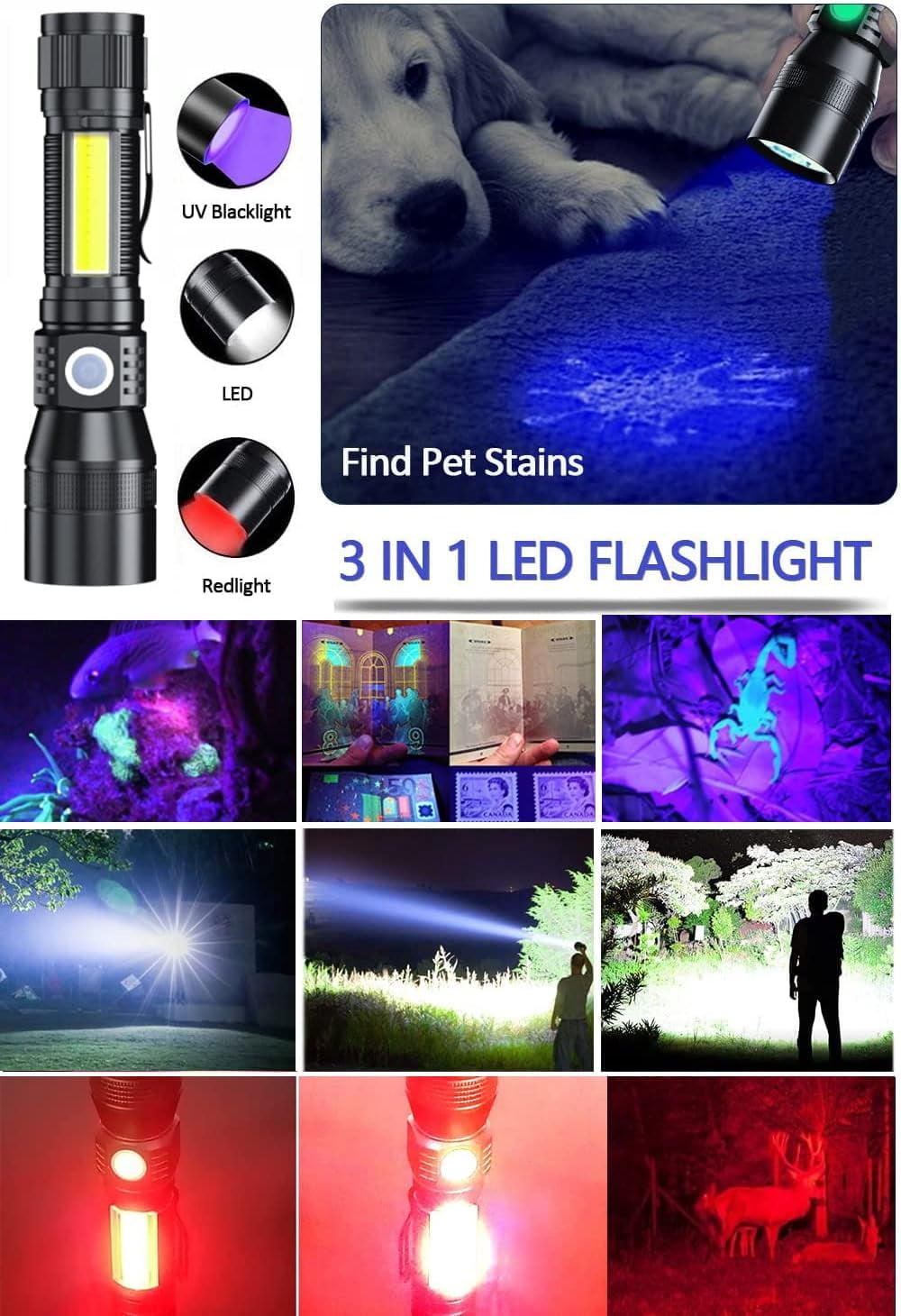 2000Lumen LED Light UV Flashlight, 3 in1 Super Bright Pocket with COB Flashlight for Pet Stains Detection,7Modes, IPX6 Waterproof,Zoomable for Camping,Hiking,Outdoor