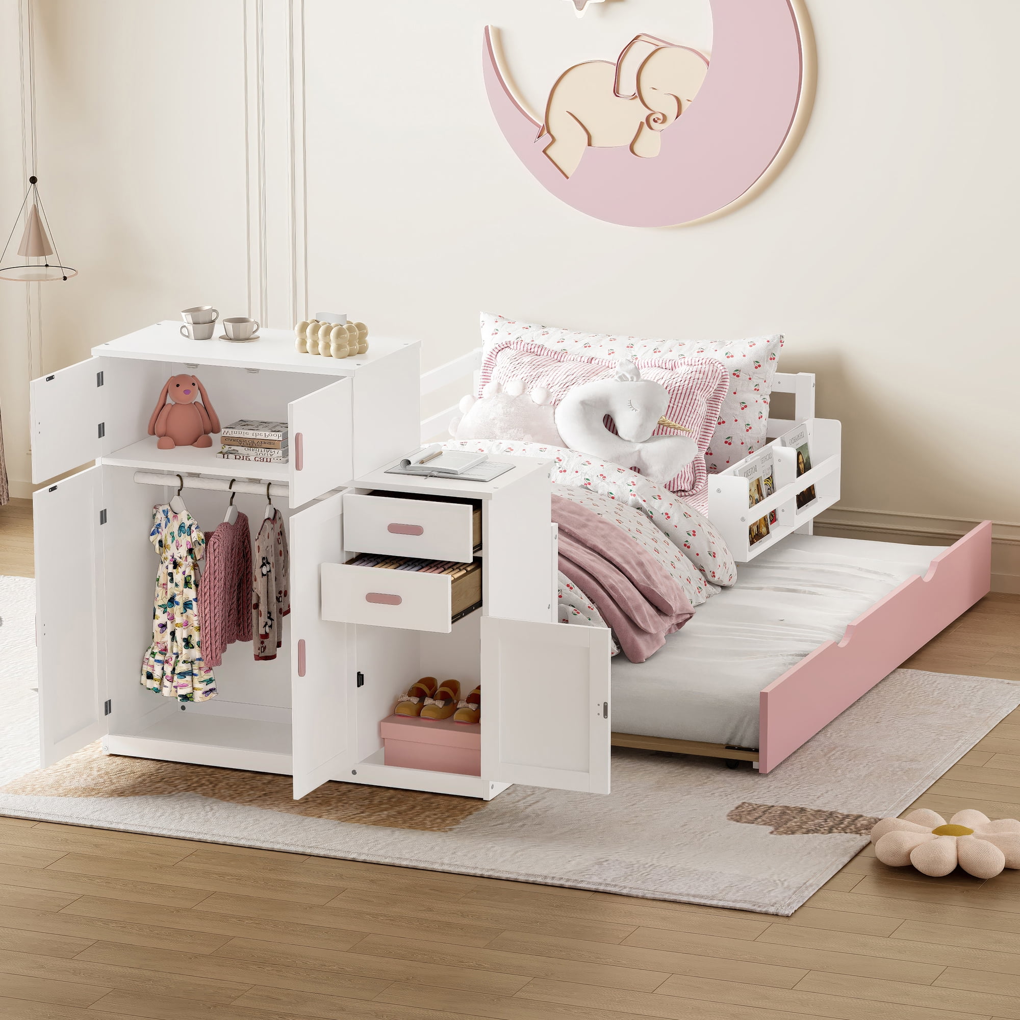Gewnee Modern Twin Size Wood Platform Bed with Bookshelf and Movable Wardrob Bed Frame