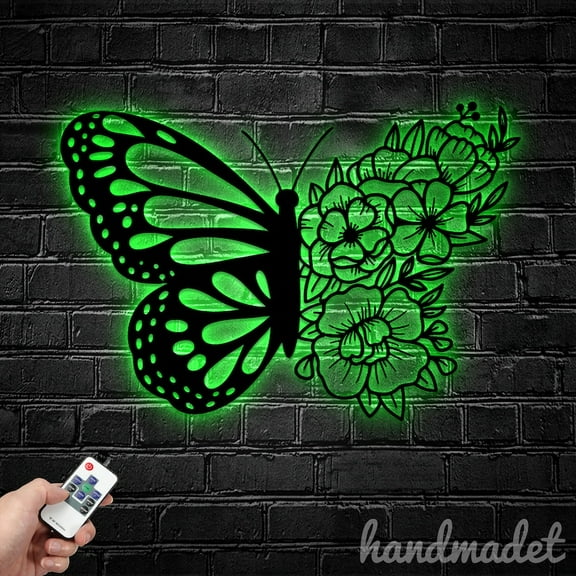 Handmadetneonsign Personalized Butterfly Flower Metal Wall Art LED Light, Custom Flower Butterfly