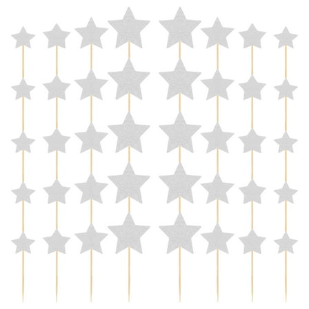 GOOHOCHY Silver Glitter Star Cupcake Toppers for Birthday and Wedding Cake Decorations Elegant Paper and Bamboo Decor 12 Pieces