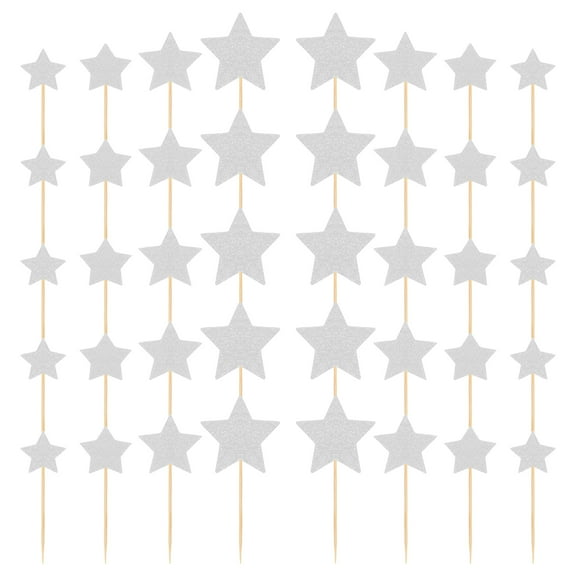 GOOHOCHY Silver Glitter Star Cupcake Toppers for Birthday and Wedding Cake Decorations Elegant Paper and Bamboo Decor 12 Pieces