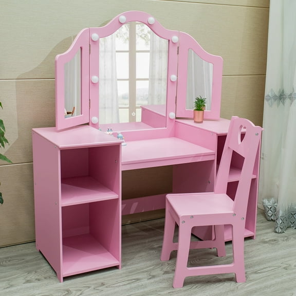 Kicctian Kids Vanity Table and Chair Set, Princess Wooden Makeup Desk with Tri-Folding Mirror and Storage, Removable Top Converts to Writing Desk, High Back Chair for Toddler, Pink