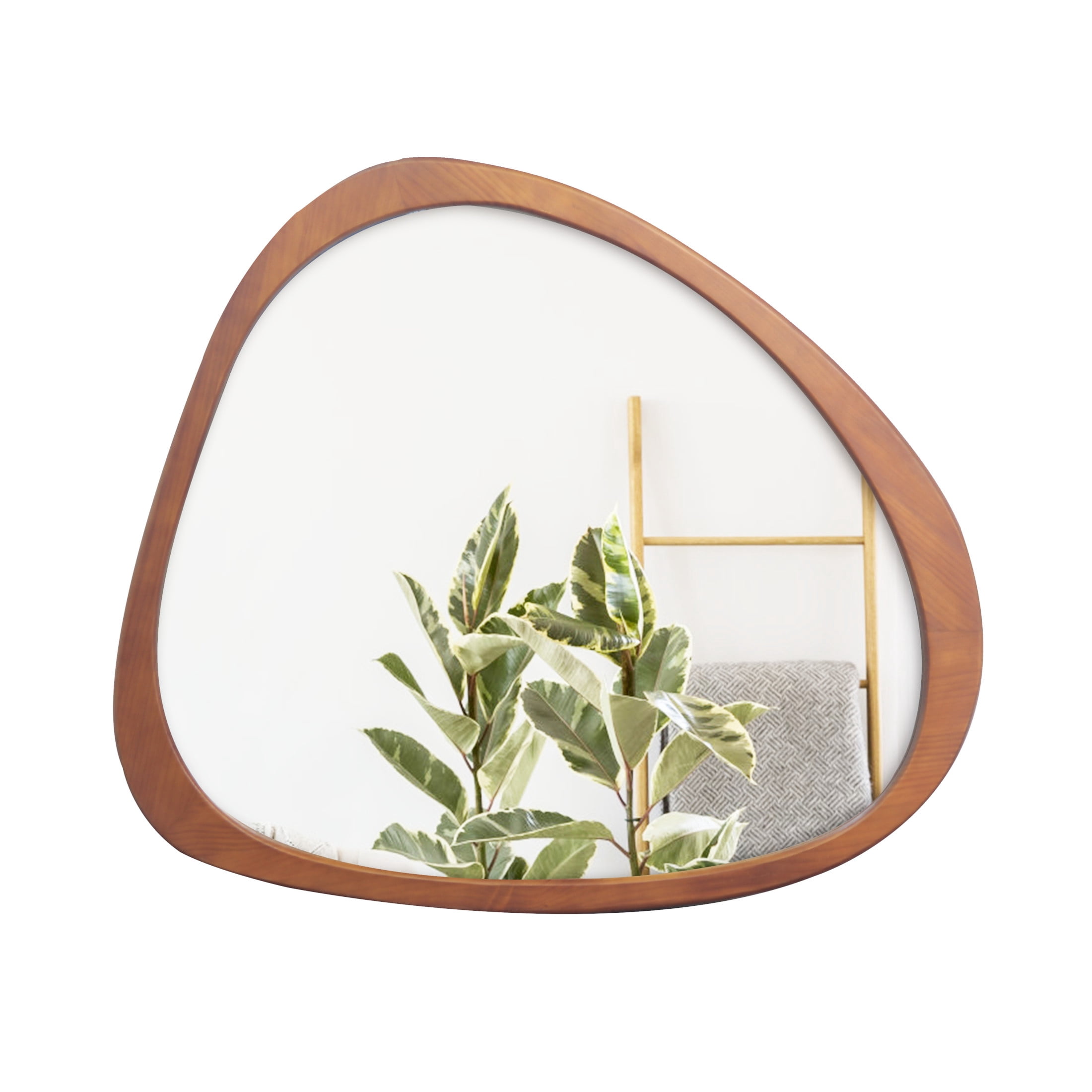 Noble House 45" Asymmetrical Wall Mirror, Solid Wood Frame, Glass Mid-Century Accent, Bathroom, Hallway, Walnut