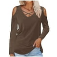 thumbnail image 2 of Black and Friday Clothing Sales Idoravan Long Sleeve Shirts for Women Winter Women's Solid Off Shoulder Fashion Long Sleeve Top Brown XXL, 2 of 4
