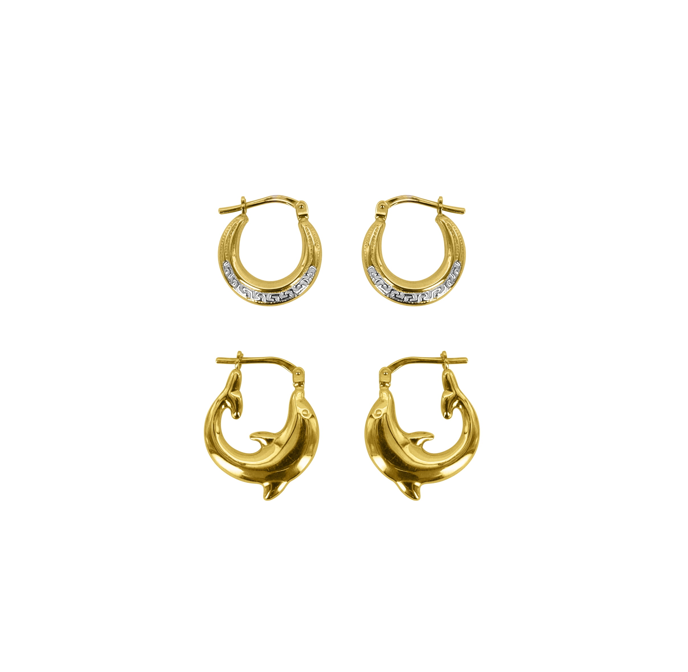 Brilliance Fine Jewelry Women's 14K Gold Plated Sterling Silver Dolphin and Greek Key Hoops Earrings