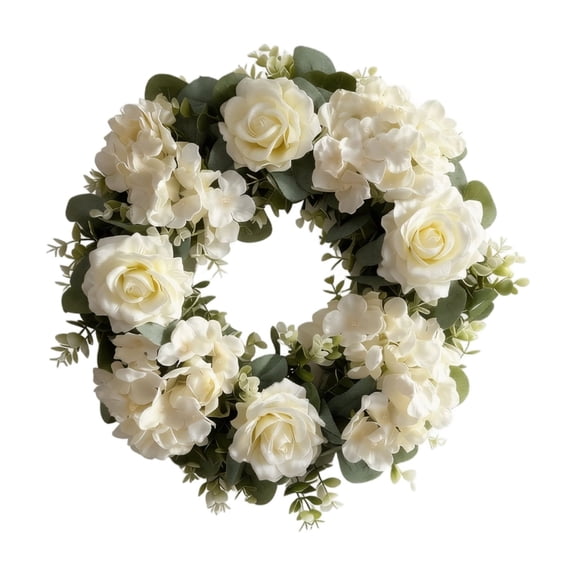 18 Inch White Artificial Rose Wreath, Spring Flowers Artificial for Decoration, Spring Wreath for Front Door, Spring Front Door Decor, Lush Full Floral Arrangement with Mixed
