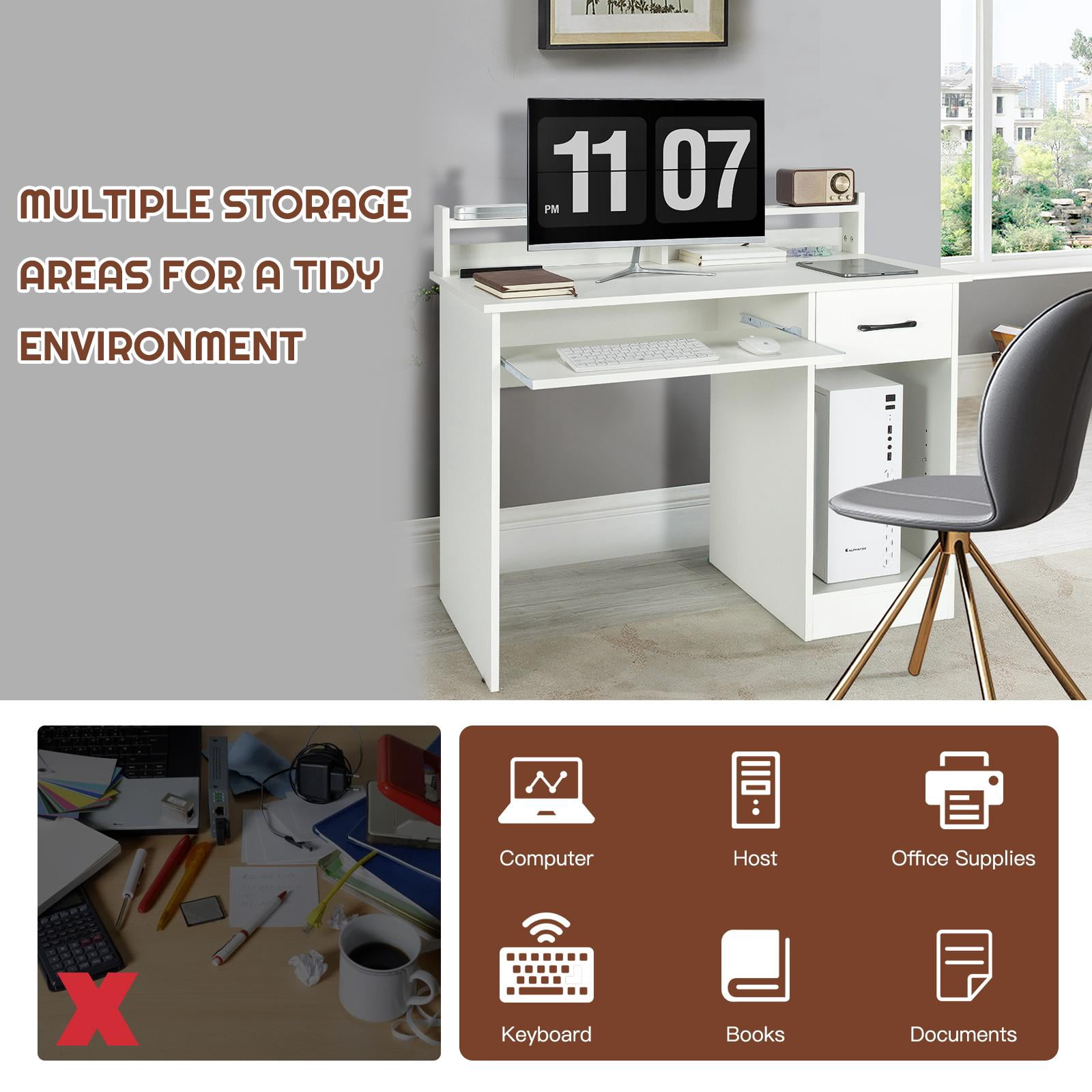 Giantex  Computer Desk, Home Office Desk w/Adjustable Shelf & Keyboard Tray, tudy Writing Desk, White
