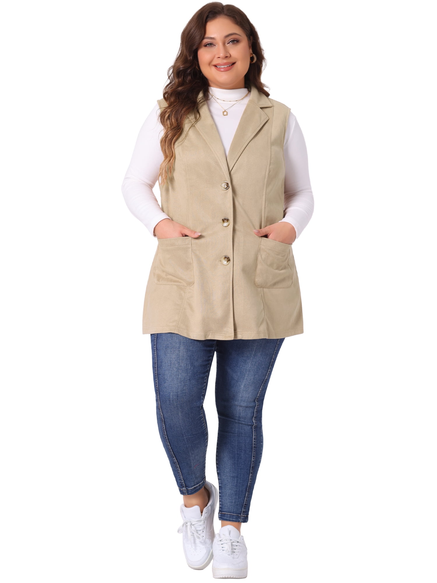 DARING DIVA Women's Plus Size Lapel Sleeveless Lightweight Suede Vests 1X Khaki