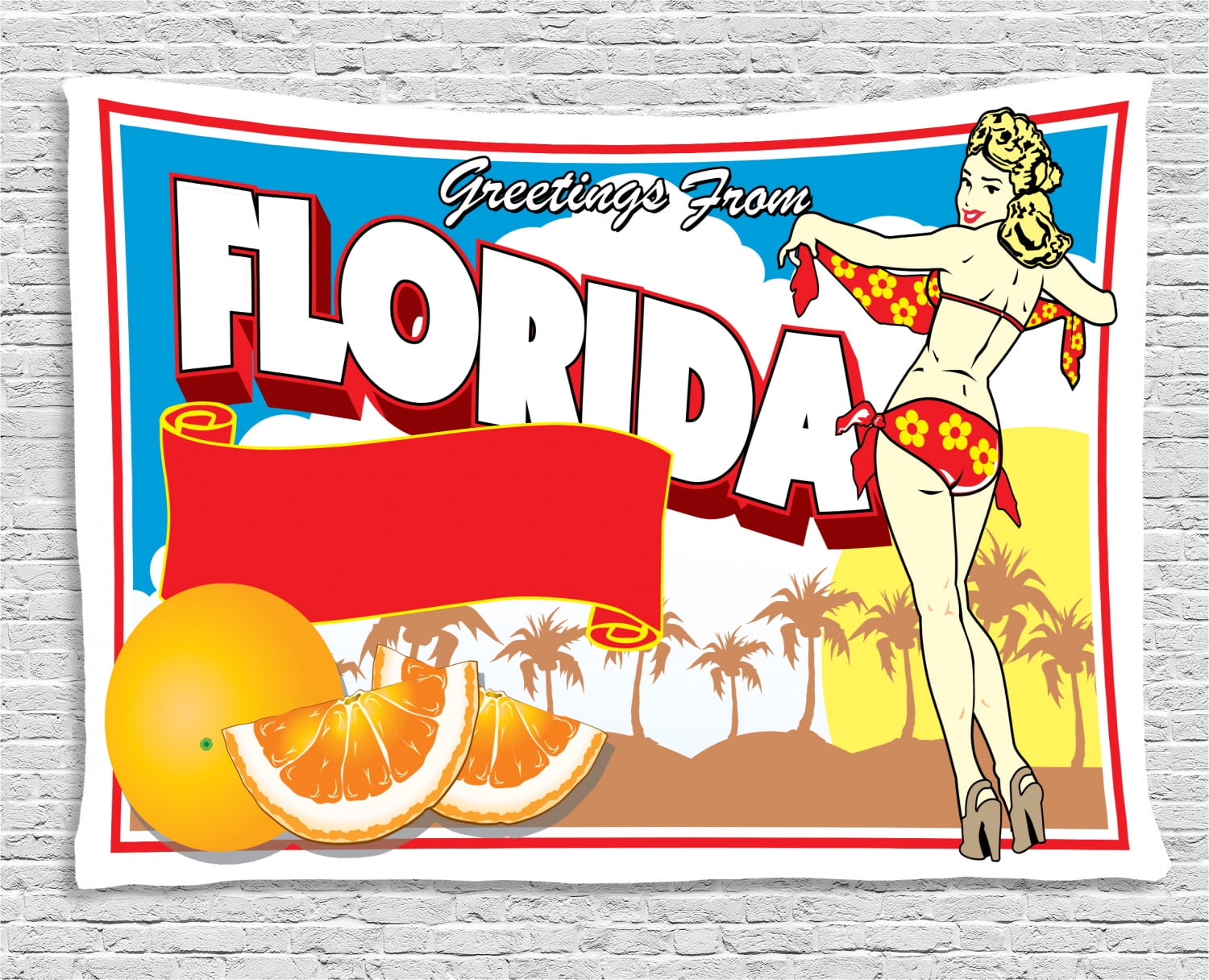 Florida Tapestry, Greetings from Florida Postcard Design with a Pin-up Girl in Bikini and 