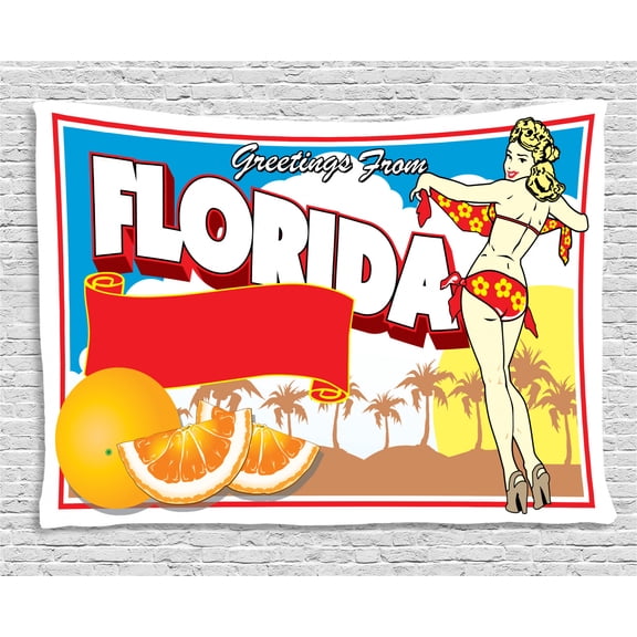 Florida Tapestry, Greetings from Florida Postcard Design with a Pin-up Girl in Bikini and Oranges, Wall Hanging for Bedroom Living Room Dorm Decor, 80W X 60L Inches, Multicolor, by Ambesonne
