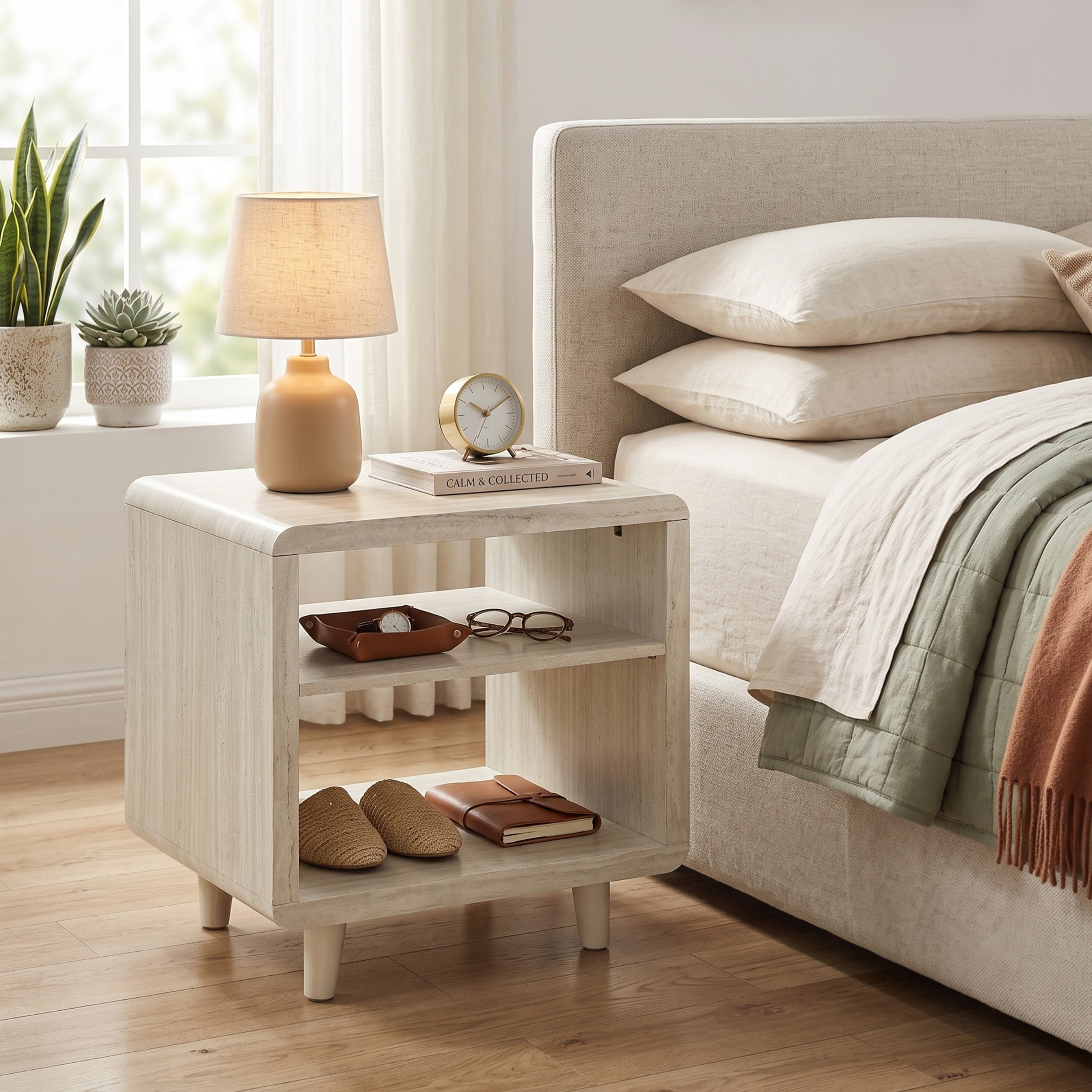 Roundhill Furniture Lux Modern Wood Shelf Side Table, Bedside Nightstand, Beige