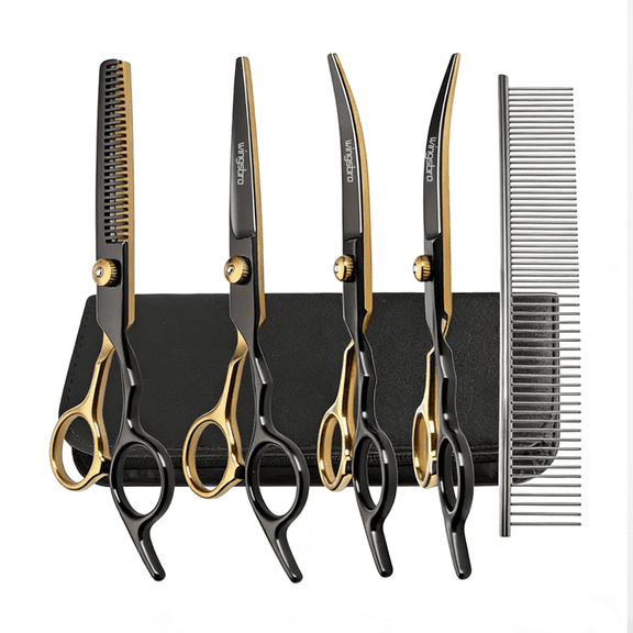 Wingsbro Stainless Steel Animal Flat Thinning Curved Grooming Scissors Set with Hair Trimming Kit