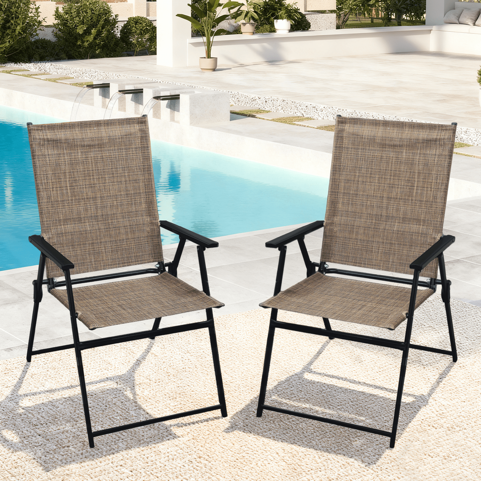 Set of 2 Outdoor Folding Chairs, Portable Patio Dining Chairs with Armrests & High Back, Sturdy Steel Frame for Garden, Lawn, Poolside, Camping (Brown)