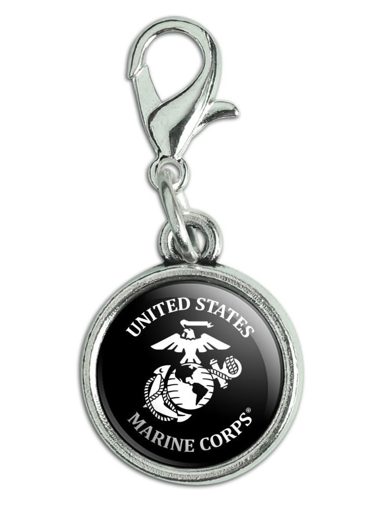 United States Marine Corps USMC White Black Officially Licensed Antiqued Bracelet Pendant Zipper Pull Charm with Lobster Clasp