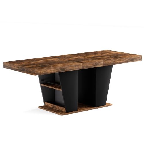 63" to 78.7" Extendable Rustic Dining Table, Mid-Century Modern Wood Kitchen Table with Storage Shelves, Seats 8-10, Rustic Brown & Black