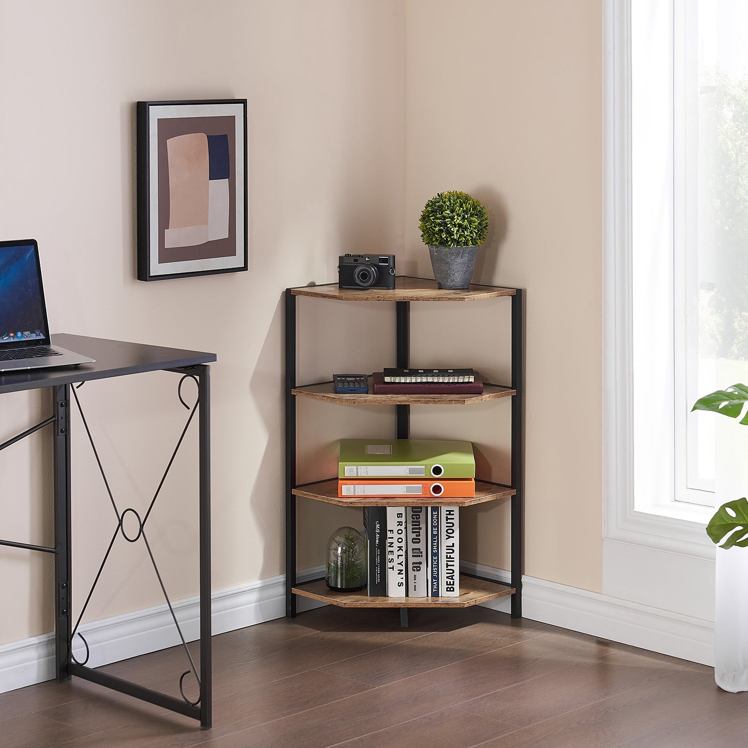 VECELO 4-Tier Corner Shelf, Multipurpose Wood Storage Stand for Small Spaces, Bedroom, Living Room, Gray