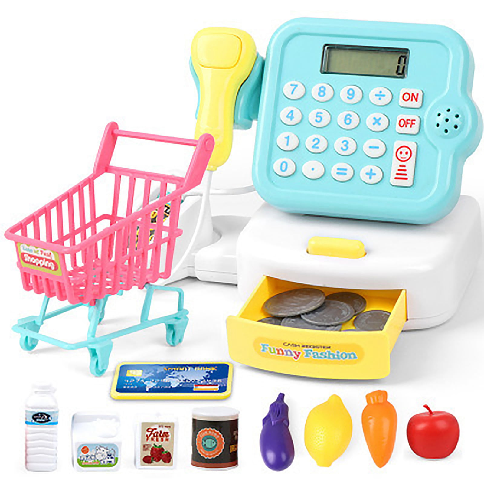 Simulation Shopping Cart Basket Cash Register Playset Kids Pretend Play Toys 