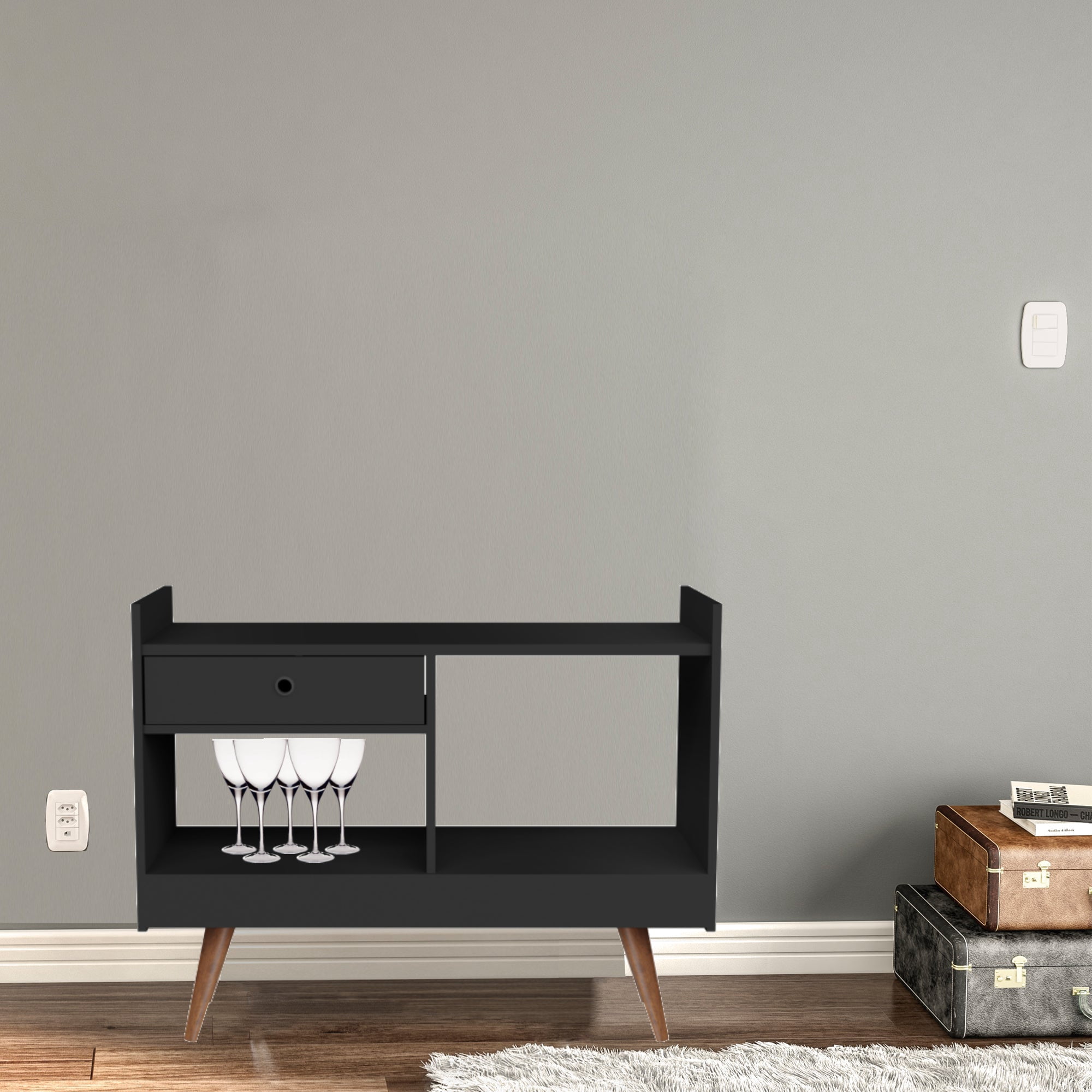 Ember Interiors Modern Bar Cabinet with 2 Open Shelves, Black