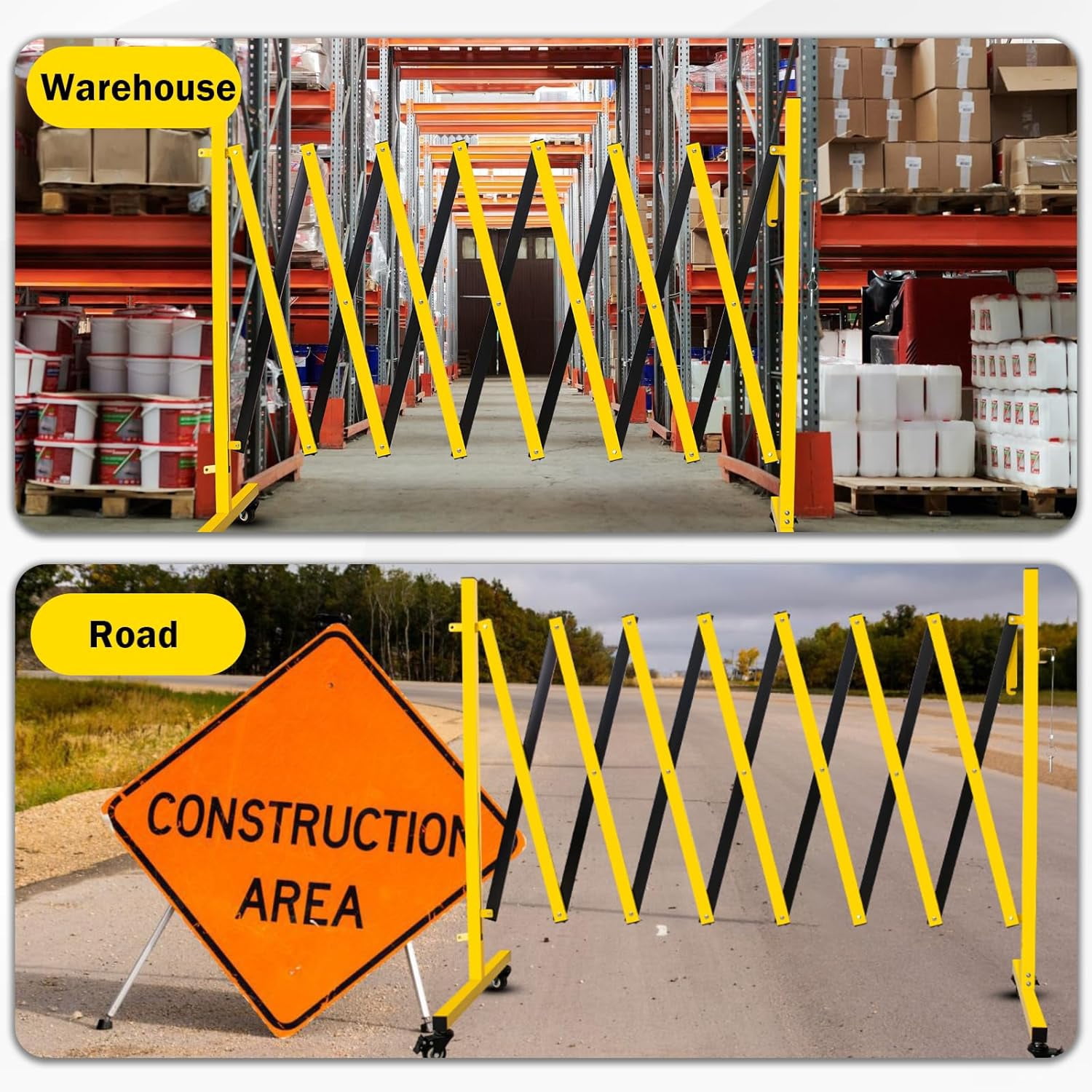 Metal Expandable Barricade, 11 Feet Retractable Fence Outdoor, Mobile Safety Barrier Gate, Easily Assembled Expanding Gate with Casters, Collapsible Accordion Barricade Gate