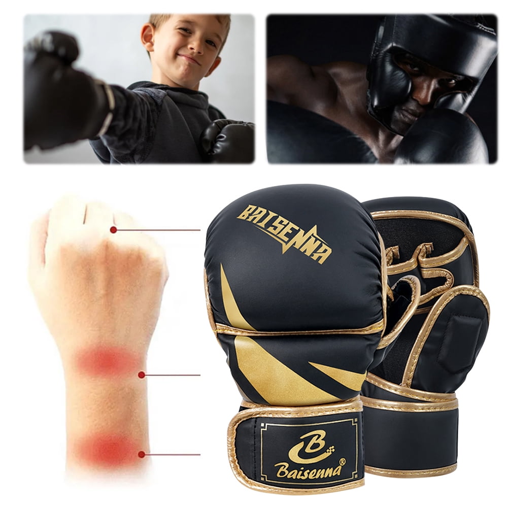 Half Finger Boxing Gloves Thickened Heavy Punching Bag Gloves Exercise Training PU Leather Sponge Gym Mitts Gloves(Children Black Gold)
