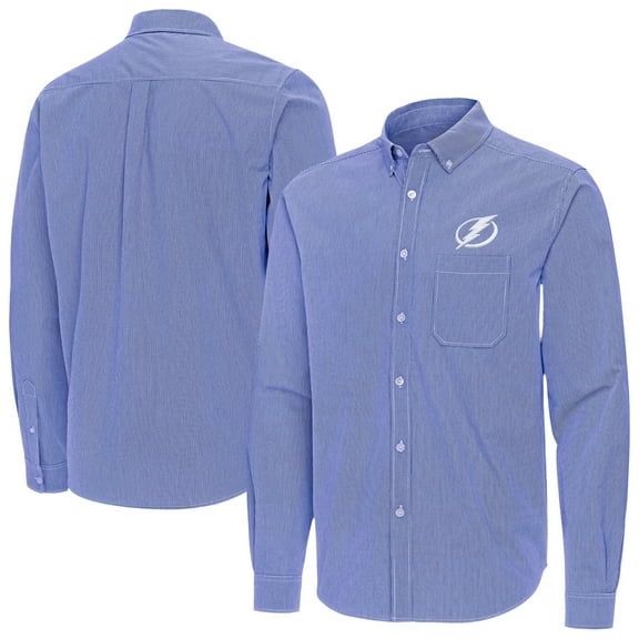 Men's Antigua Blue Tampa Bay Lightning Porter Woven Tri-Blend Long Sleeve Button-Down Shirt