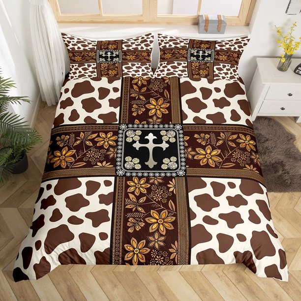 Cow Print Bedding Set Queen Retro Yellow Floral Duvet Cover for Boys Girls Man Women West