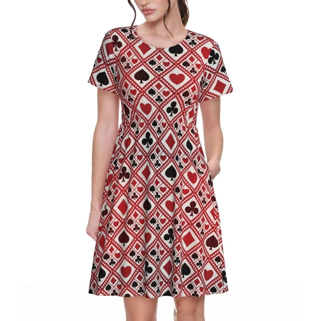 Bixox Robe d'Été à Manches Courtes pour Femmes Robe Ample Longueur Genou avec Poches-Poker
