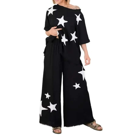MITCOWBOY Womens Sweatsuits Women s Plus Size 2pcs Round Neck Short Sleeve Tee & Elastic Waist Pant Print PJ Set Loungewear Lounge Sets for Women Sweatsuits Women 2 Piece Outfit Yellow L Clearance